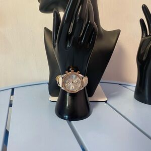 Liz Claiborne LC1324 Women’s Watch Rose Gold Tone Crystal Bezel  Leather Band